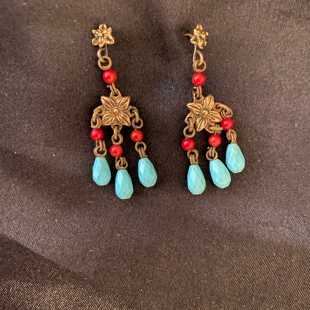 Stephen Dweck Dangle Earrings with Red and Turquoise Accents